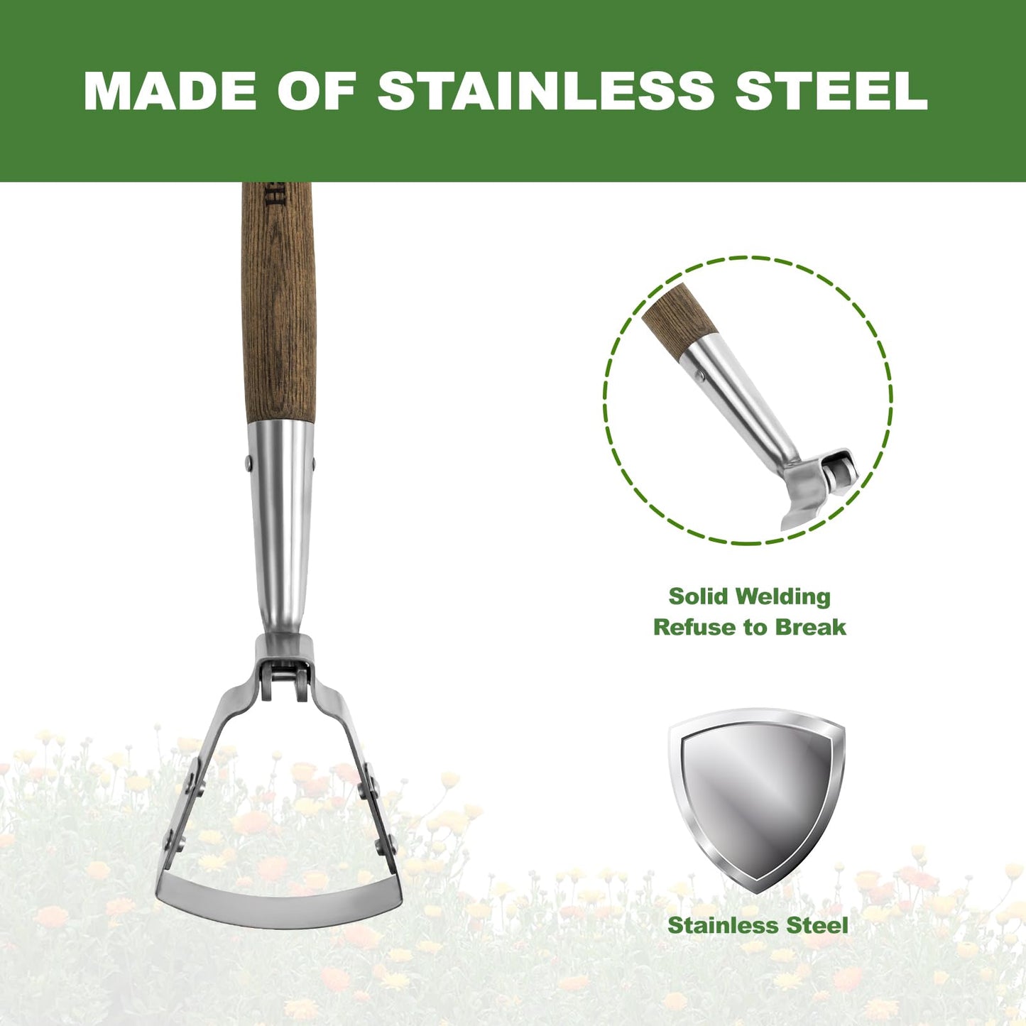 Haliaeetus Scuffle Hoe, 16.8'' Stirrup Hoe for Weeding Precisely in Raised Bed, Stainless Steel Action Hoe for Weeding in Push-Pull Motion, Hula Hoe with Compact Size for Weeding in Between Plants
