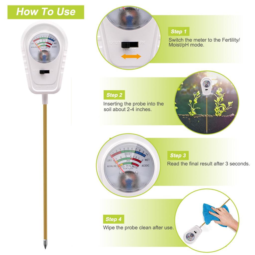 Aenncci Soil Test Kit, 3-in-1 Soil PH Meter, Soil Moisture Meter, Fertility Soil Tester, pH Meter for Soil, Soil Tester for Garden, Farm, Lawn, Indoor & Outdoor Use
