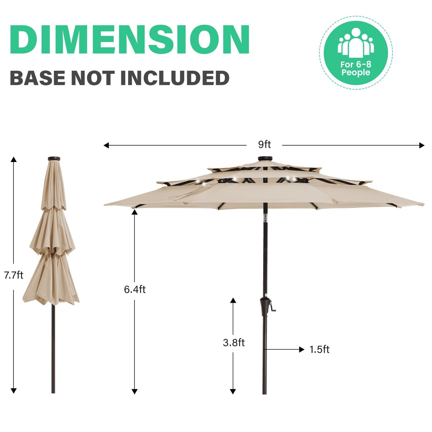 JEAREY 3 Tiers Patio Umbrella with Solar Lights 9ft Outdoor Market Table Umbrellas with Push Button Tilt for Outside Pool Garden, Tan