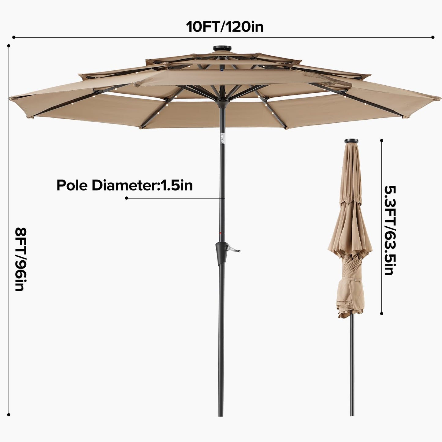 NEWBULIG 10FT 3 Tiers Solar LED Lights Patio Umbrella, Outdoor Umbrella Adjustable Angles and Height, UV Resistant, for Day, Night, Shading, Camping, pool and Patio