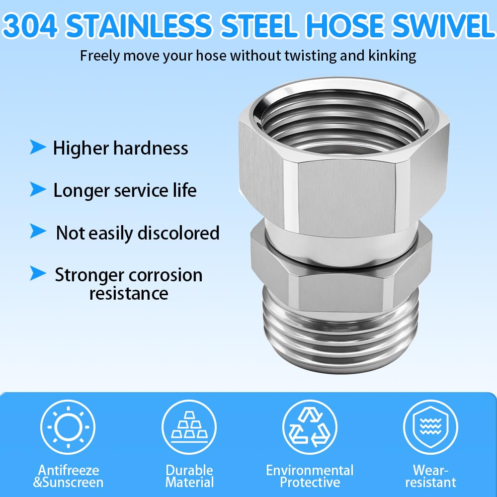 Langina 2PCS Graden Hose Swivel Adapter, 304 Stainless Steel 360 degree Hose Connector, 3/4"GHT Male to Female Hose Swivel Fitting(2Pcs,304SS）