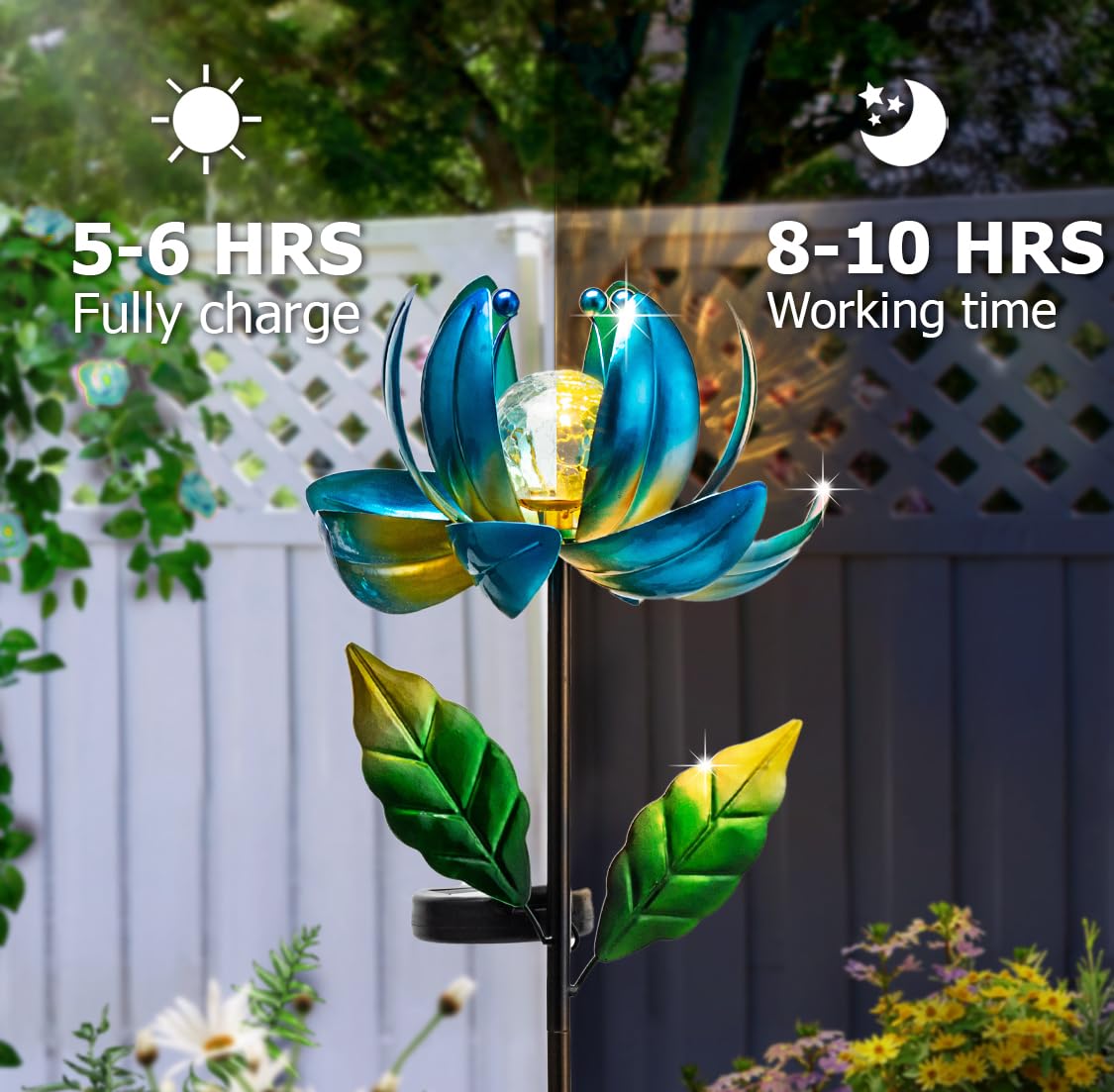 Solar Yard Lights Wind Spinners- Metal Lotus Flower Garden Decor LED Crackle Glass Globe Yard Art Sculpture Solar Stake Lights for Patio Pathway Lawn Walkway