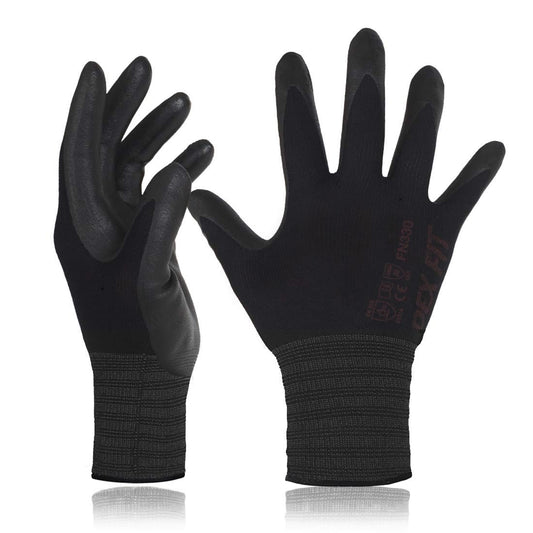 DEX FIT Nitrile Work Gloves FN330, 1 Pair, 3D-Comfort Stretchy Fit, Firm Grip, Thin & Lightweight, Touch-Screen Compatible, Durable, Breathable & Cool, Machine Washable; Black XL (10)