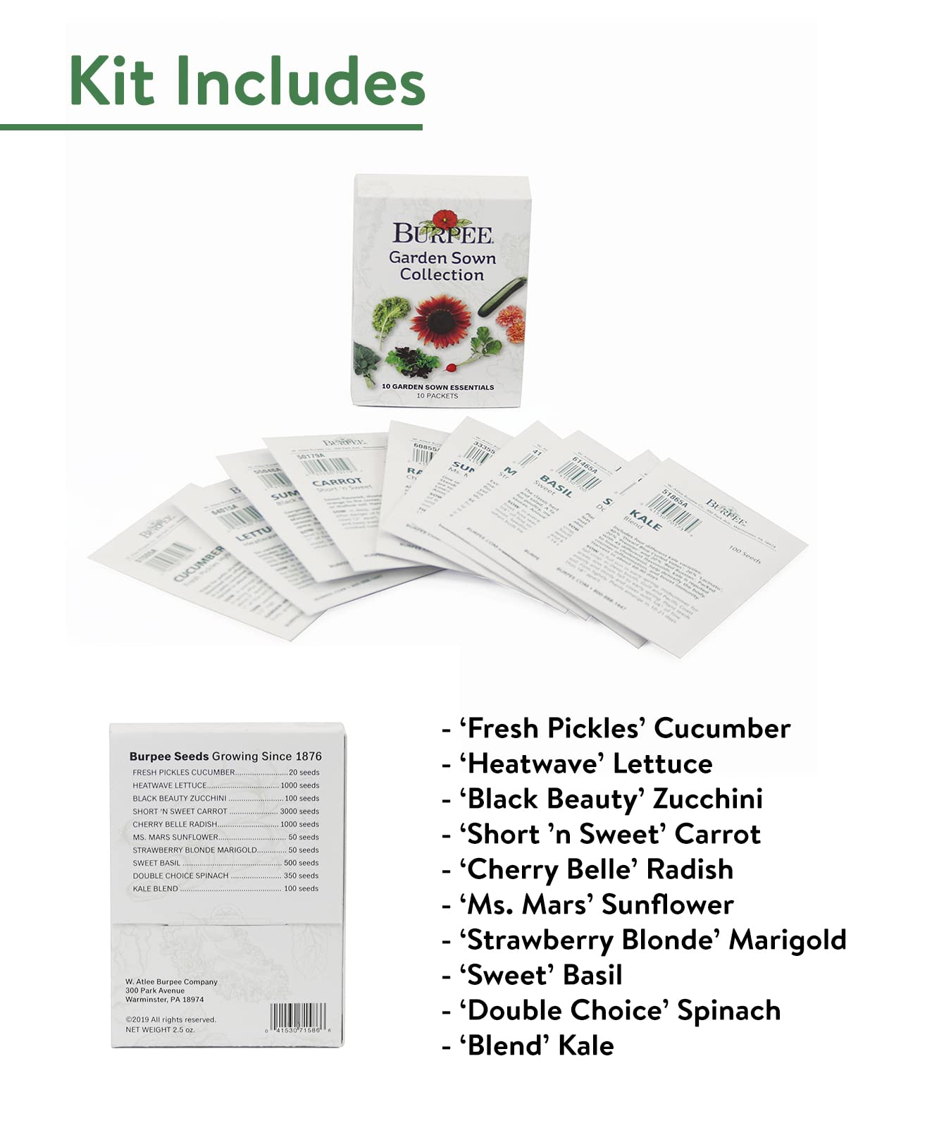 Burpee Garden Sown Flower, Herb & Vegetable 10 Packs of Non-GMO Basil, Lettuce, Cucumber, Radish, Spinach, Kale, Zucchini, Sunflower & Marigold, Seeds for Planting