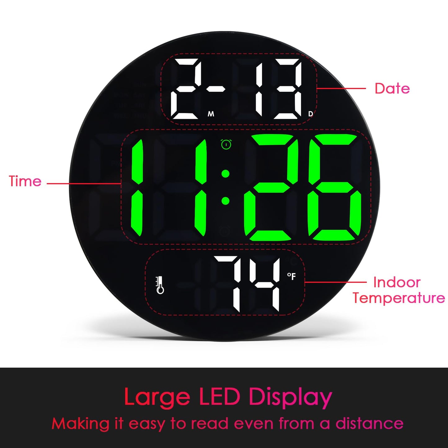 Digital Wall Clock with Large LED Display, 5-Brightness, Temperature, Low-Reflectivity, Small Silent Non-Ticking Modern Electric Wall Clock for Bedroom, Living Room, Office, Classroom, Farmhouse