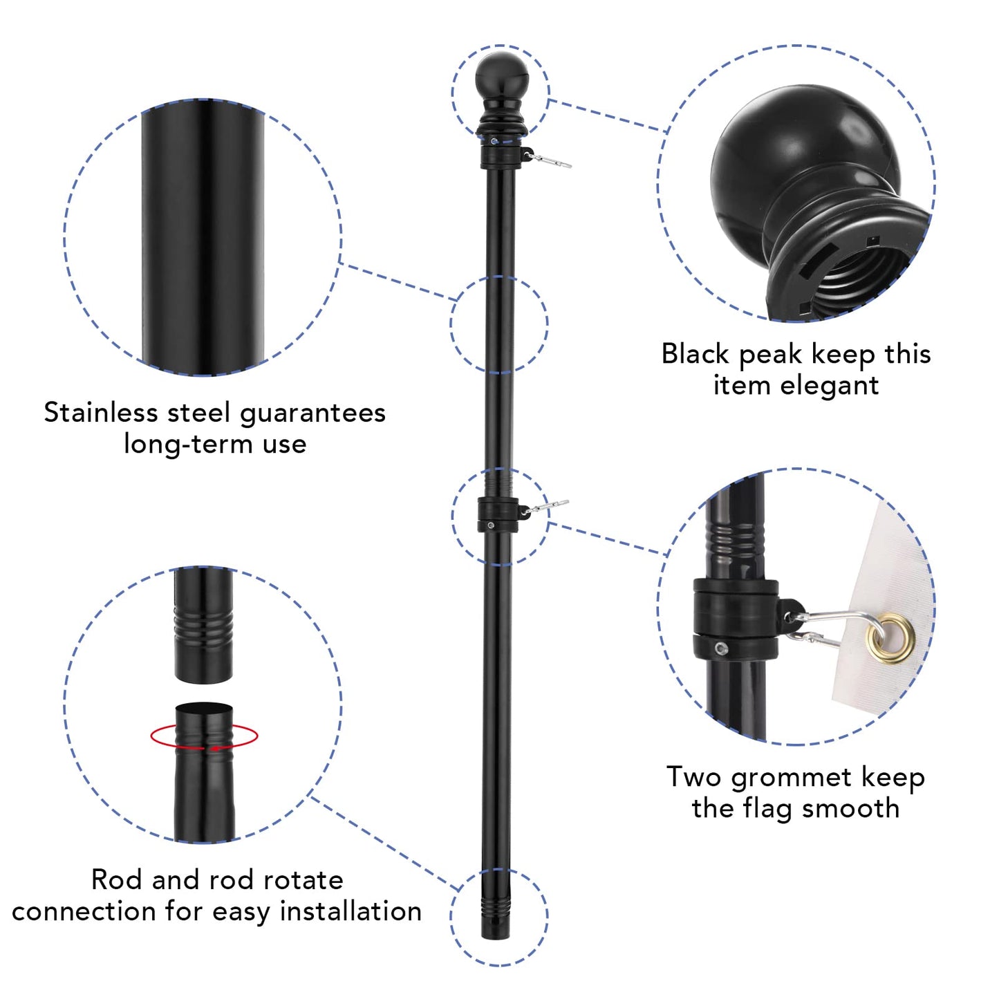 Yeesun Flag Pole,6FT American Flag Pole & Bracket-Flagpoles for 3 x 5 Flags Holder for House Porch & Outdoor,Tangle Free and Wall Mount Flag Pole Kit (Without flag,Black)