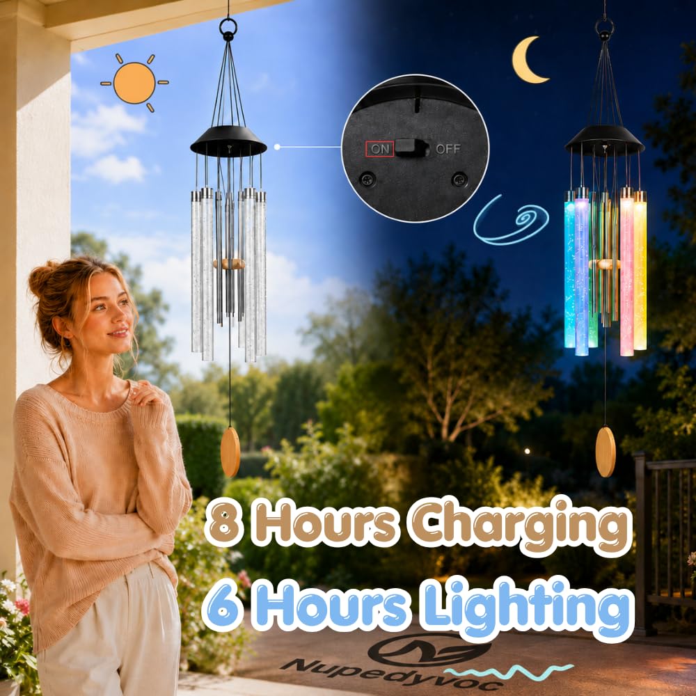 38” Bubble Column Aluminum Tube Solar Light LED Wind Chime for Outside, Weather Resistant Outdoor Garden Patio Soft Tone Decor, Ideal Gift for Birthday, Mother's Day, Meditation, Relaxation