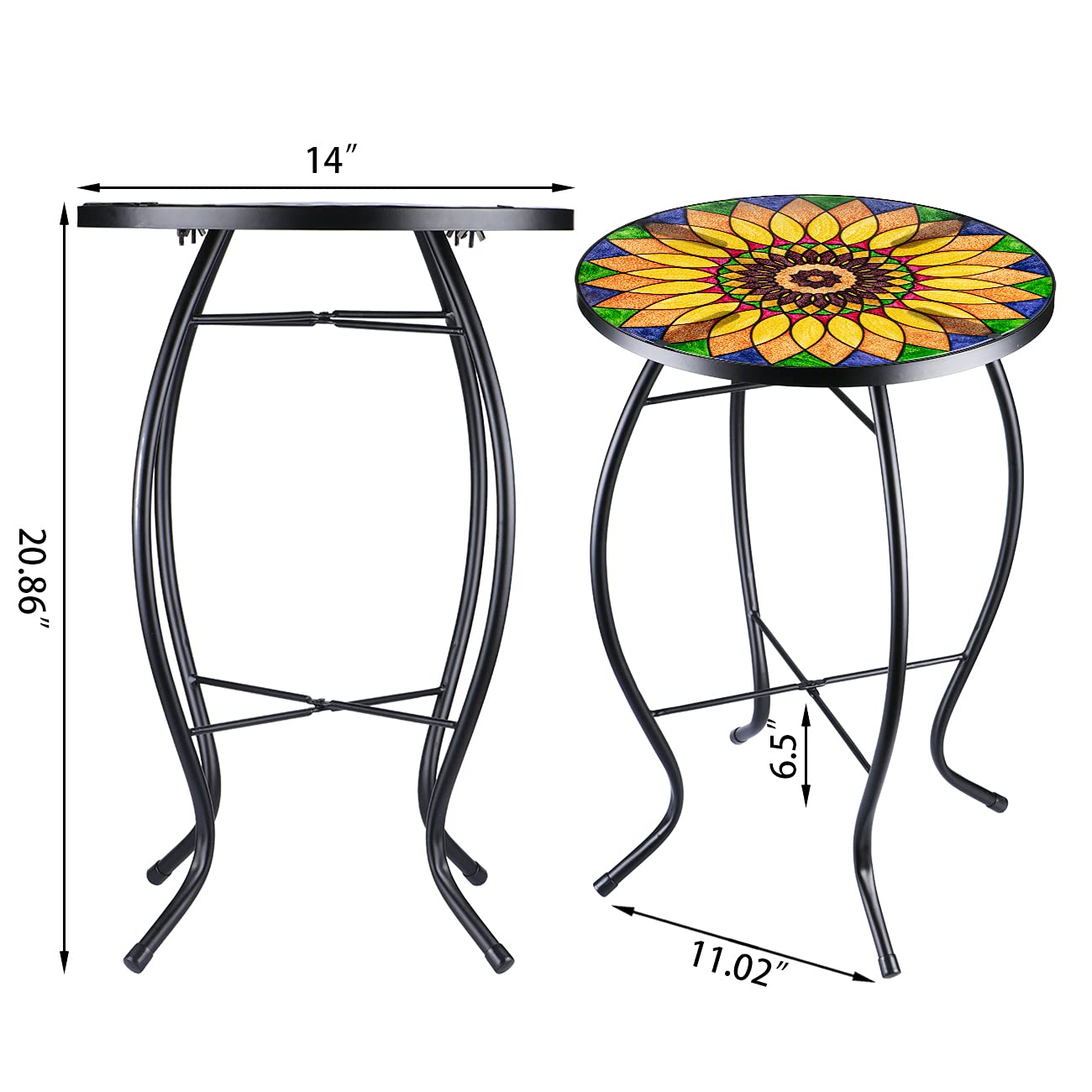 VCUTEKA Sunflower Outdoor Side Table, Mosaic Design, Small Glass Top, Round, Patio Side Table, Balcony Coffee Table, Indoor, 14 inches, Yellow