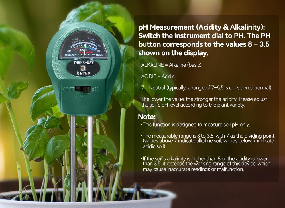 Speedinistic 3-in-1 Soil pH Meter - Moisture, Light, and pH Tester for Garden, Lawn, Farm, Indoor & Outdoor Plant Care, Green