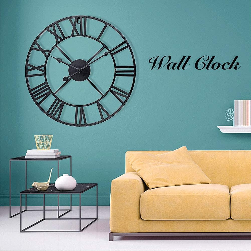 Antique Tower 24 inch Large Roman Numeral Wall Clock, Indoor Outdoor Patio Waterproof Oversized Decorative Contemporary Clock, Antique Black Metal Wall Clock Battery Operated Retro Art Hanging Clock,2