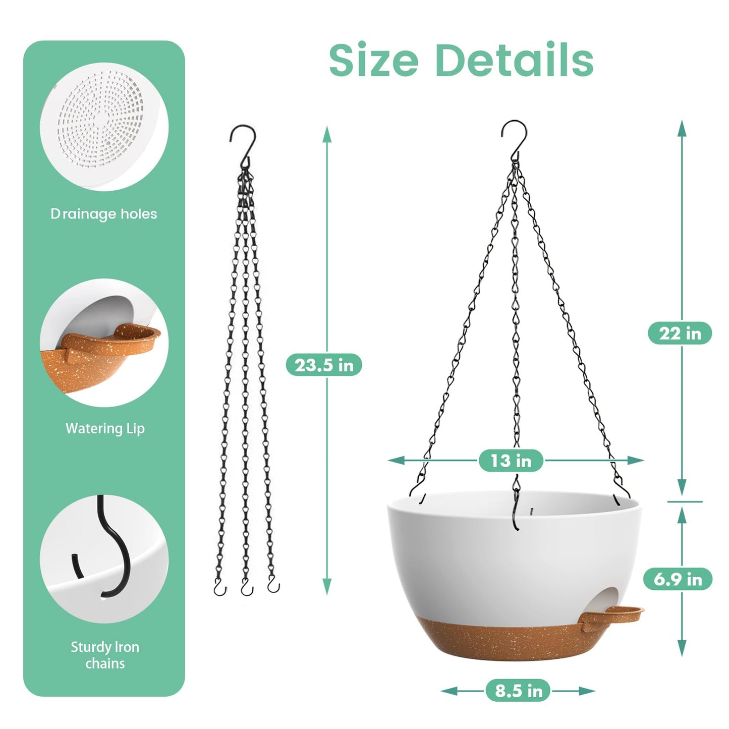 UOUZ 13 Inch 2 Pack Large Self Watering Hanging Planters for Indoor Outdoor Plants, Hanging Plant Pots with Removable 50 Oz Reservoir, Plastic Hanging Basket for Window Porch Garden, White with Brown