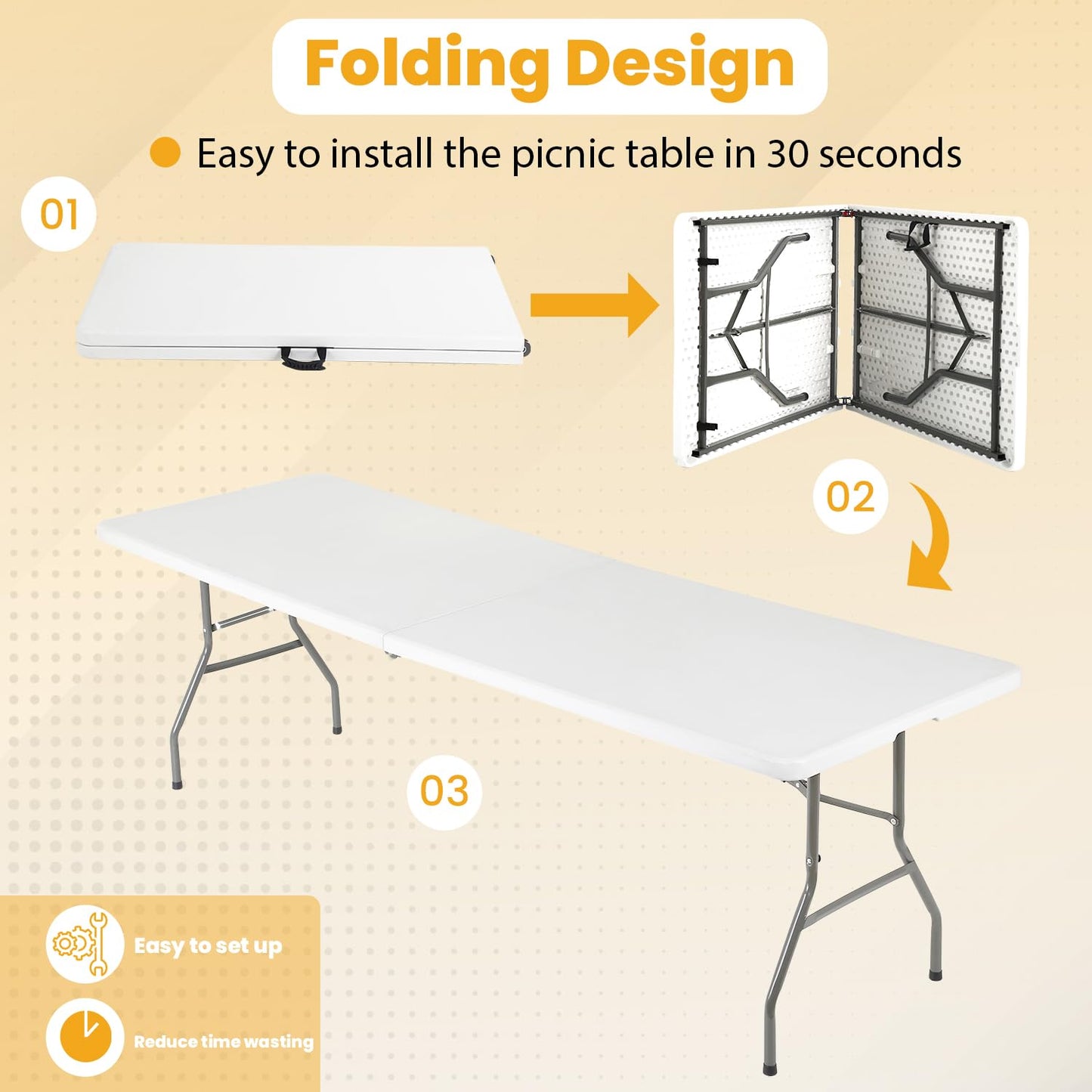 FDW 6FT Folding Table, Portable Fold-in-Half Plastic Picnic Party Table with Carrying Handle (White
