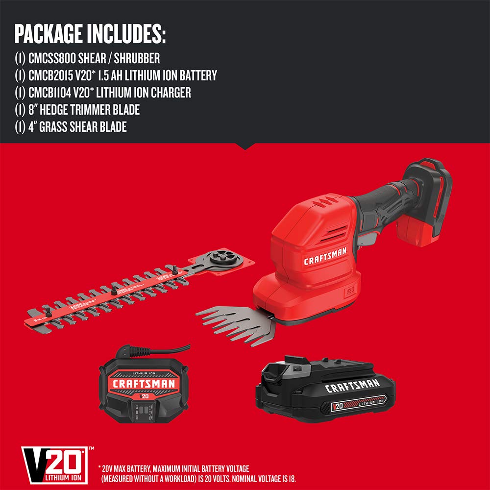 CRAFTSMAN V20 4 In. Cordless Handheld Grass Trimmer and 8 In. Mini Hedge Trimmer, Battery and Charger Included, Rechargeable 2 in 1 Grass Shear and Bush Trimmer (CMCSS800C1)