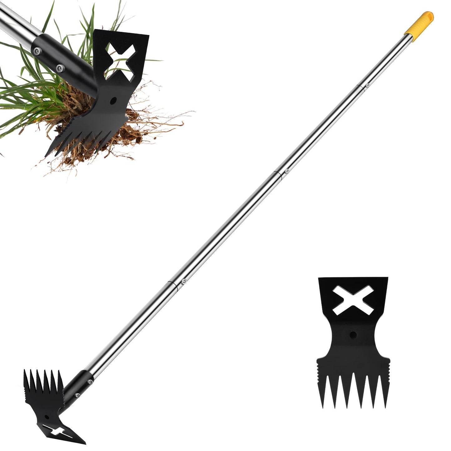 NICOFPHY Weed Puller Tool with Long Handle, 60" Manual Weeding Tools Gardening, 2 in 1 Hand Weed Rake and Hoe Garden Weeder Tool, Uprooting Pulling Weed Remover Tool for Yard, Patio, Lawn and Garden