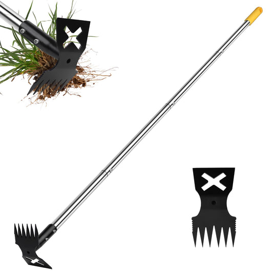 NICOFPHY Weed Puller Tool with Long Handle, 60" Manual Weeding Tools Gardening, 2 in 1 Hand Weed Rake and Hoe Garden Weeder Tool, Uprooting Pulling Weed Remover Tool for Yard, Patio, Lawn and Garden