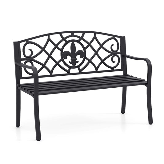 Giantex 50.5” Outdoor Bench with Metal Frame, Floral Design Cast Iron Backrest, Slatted Seat, Adjustable Foot Pads, Load 660Lbs, Garden Bench for Outside Patio Backyard Porch Park, Black
