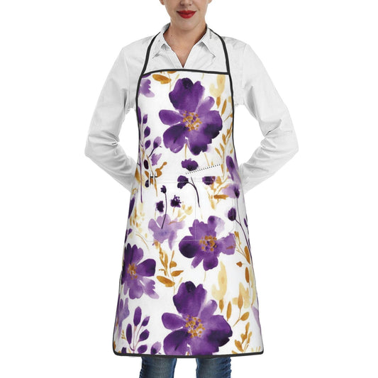 Weiscode Purple and Gold Watercolor Floral Apron, 28.3x20.4 Inch Waterproof Polyester Chef Bib Apron with Pocket for Women Men, Spring Easter Kitchen Decor Gift for Cooking BBQ Baking Gardening