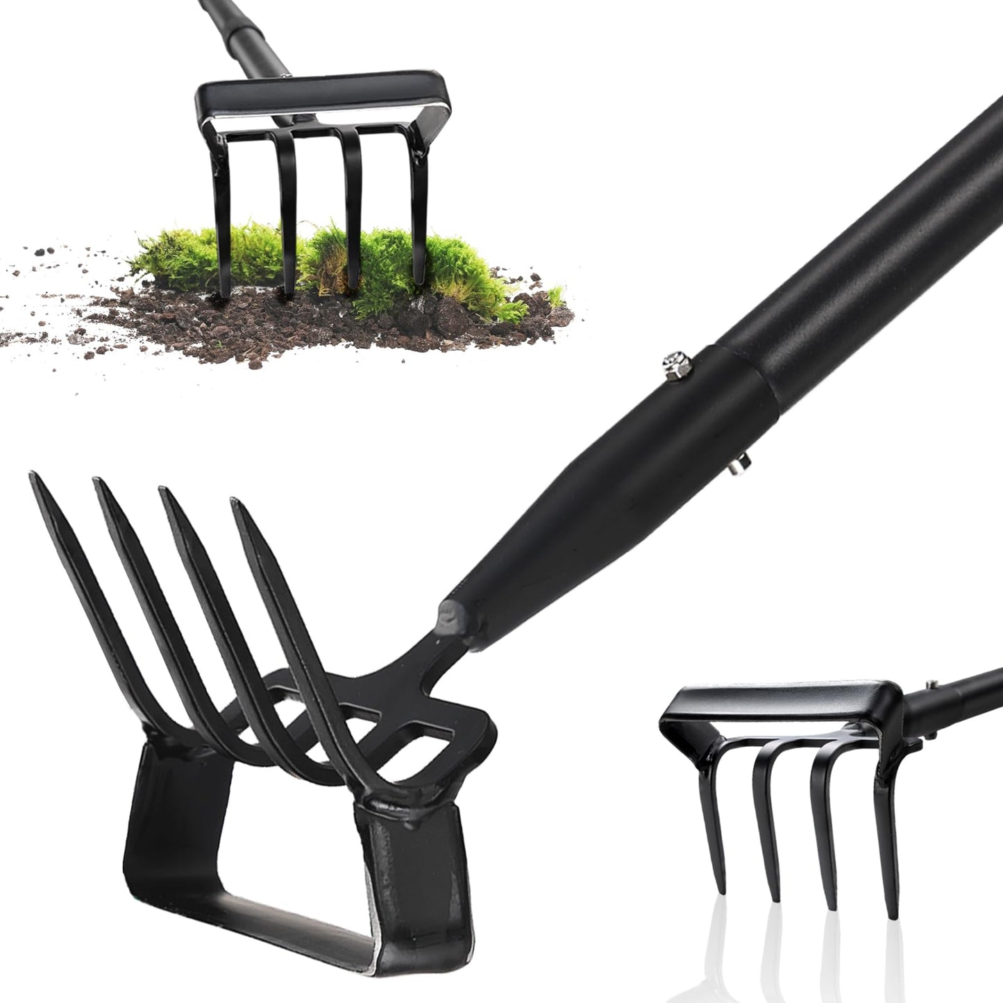 Stirrup Hoe, Heavy Duty Hula Hoe with 32-62" Adjustable Long Handle, 2 in 1 Action Hoe with Cultivator Rake, Scuffle Hoe, Hula Hoe Garden Tool for Weeding Grass, Loosening Soil, Sharp Blade, Black