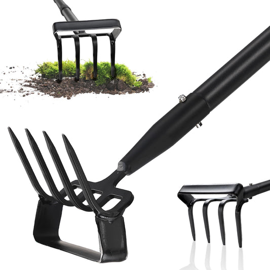 Stirrup Hoe, Heavy Duty Hula Hoe with 32-62" Adjustable Long Handle, 2 in 1 Action Hoe with Cultivator Rake, Scuffle Hoe, Hula Hoe Garden Tool for Weeding Grass, Loosening Soil, Sharp Blade, Black