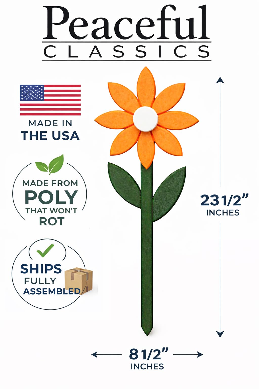 Peaceful Classics Amish Handmade Garden Flower Stake – Poly Outdoor Yard Decoration – Made in USA, Weatherproof & Rot-Proof – Stainless Steel Hardware – Fully Assembled – 23.5” x 8.5” (Orange)