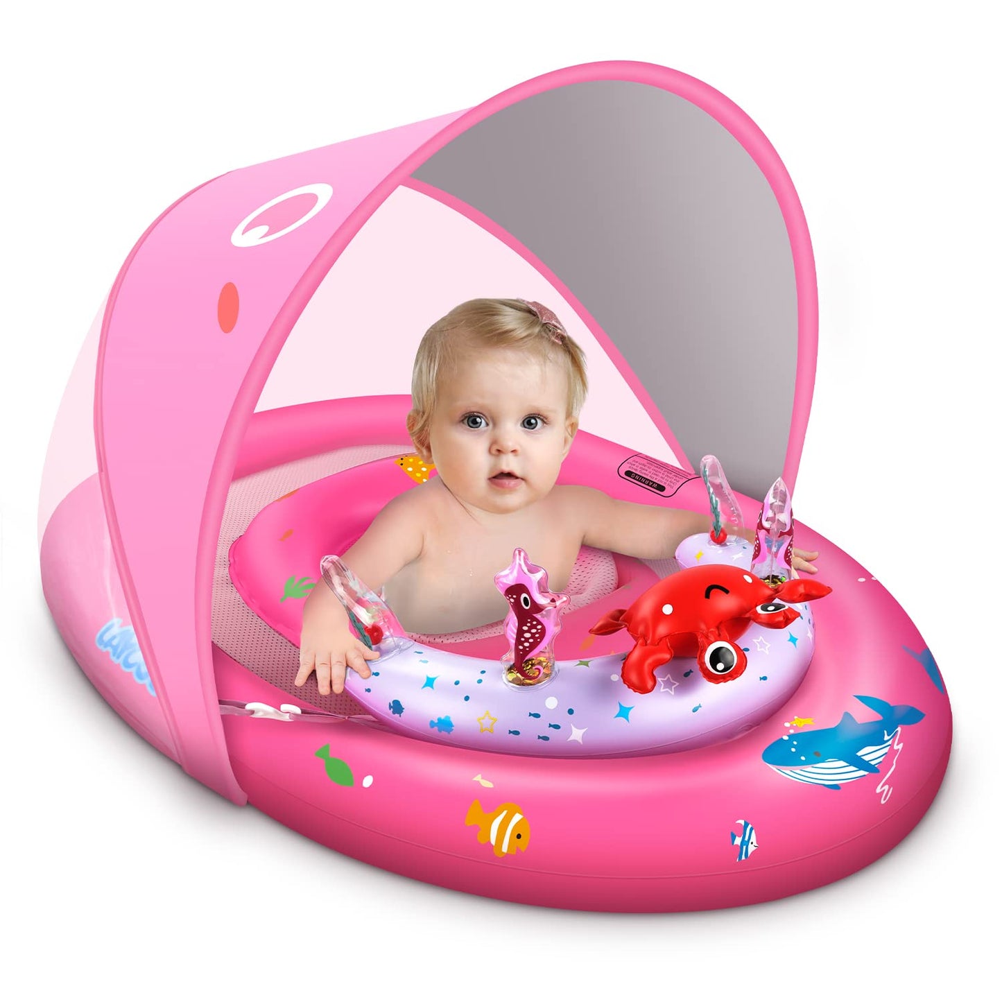 LAYCOL Baby Pool Float with Canopy UPF50+, 120°Adjustable Sun Protection and Anti-Tip Safety Seat, Inflatable Toddler Floaties Infant Pool Float with Animal Pool Toys, Baby Beach Essentials for 6-36M