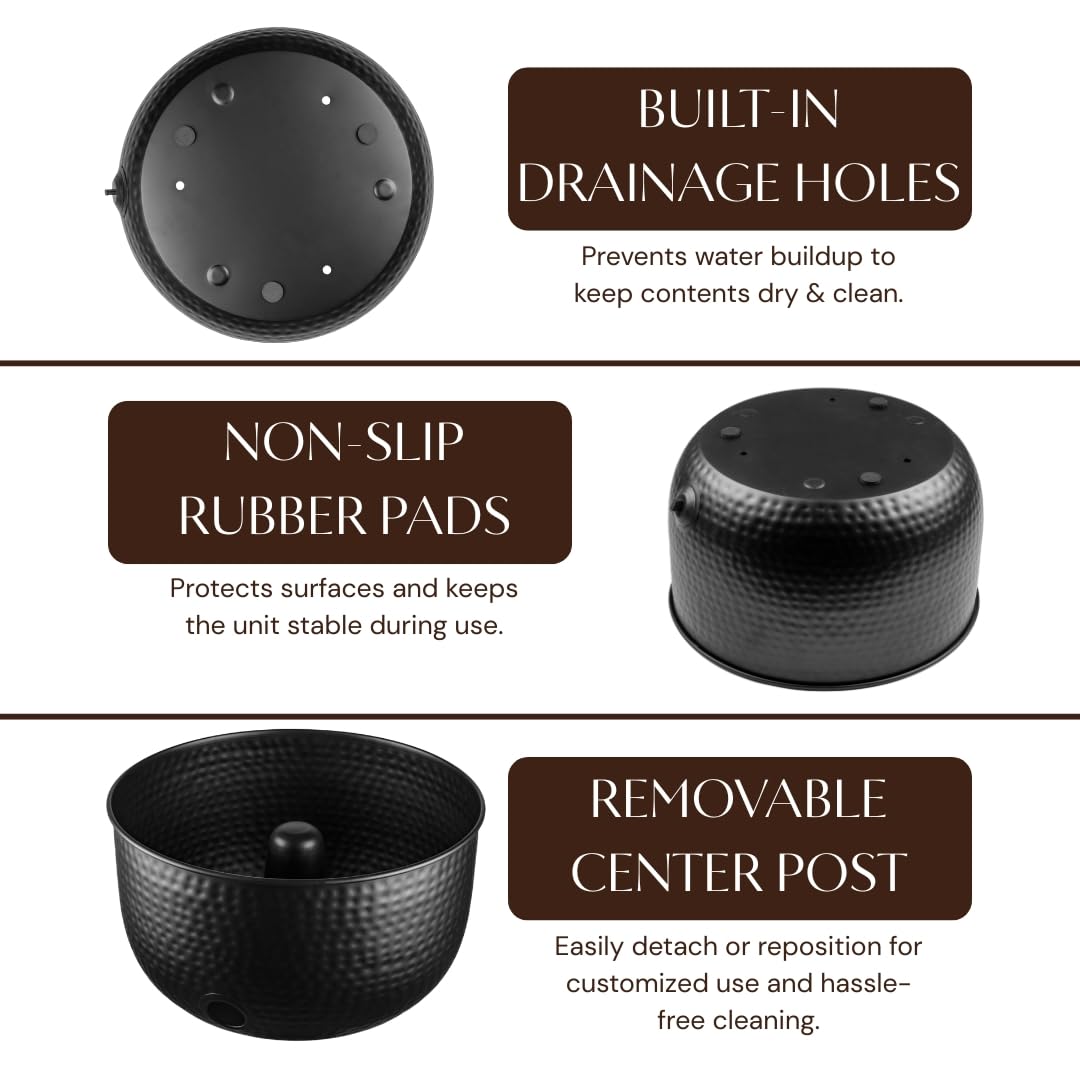 Monarch Abode Garden Hose Holder with Lid – Decorative Water Hose Holders for Outside, Hand Hammered Metal Matte Black Pot with Drainage, 100ft Waterhose Holder for Outside, Garden Storage Caddy