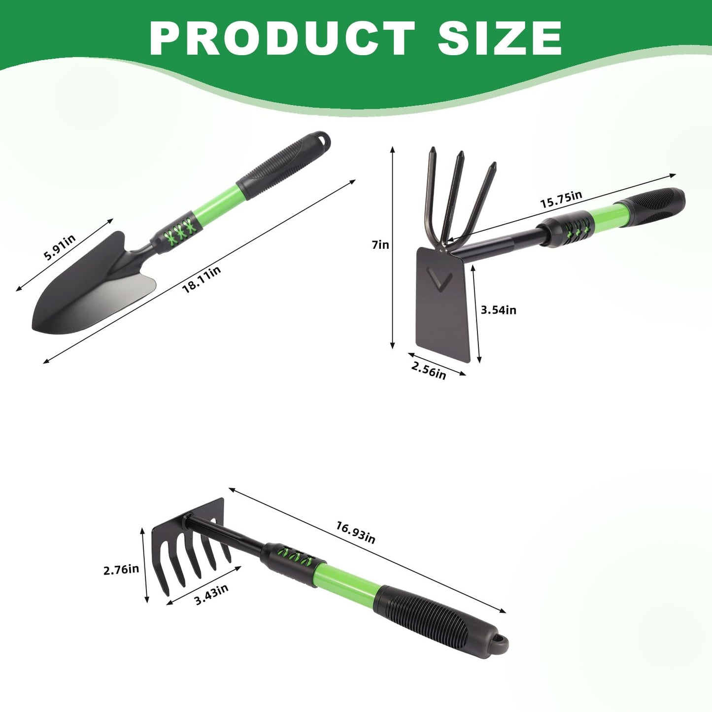 Zenrok Garden Tool Set, 3 Pack Lightweight Heavy Gardening Kit Including Hand Shovel, Transplant Shovel and Hand Rake with Soft Rubber Non-Slip Handle, for Planting Weeding Digging, Green ﻿