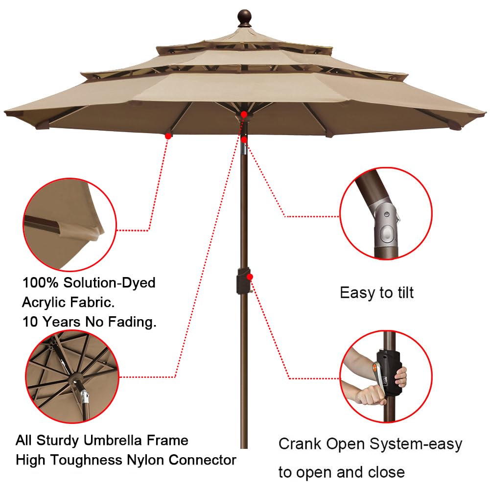 EliteShade USA 10-Year-Non-Fading 9ft 3-Tier Market Patio Umbrella, Commercial Grade Outdoor Table Umbrella with Crank Open, Windproof & UPF 50+ UV Protection, Heavy Duty Ventilation for Garden, Deck, Pool, Backyard, Beach & Bistro, Heather Beige