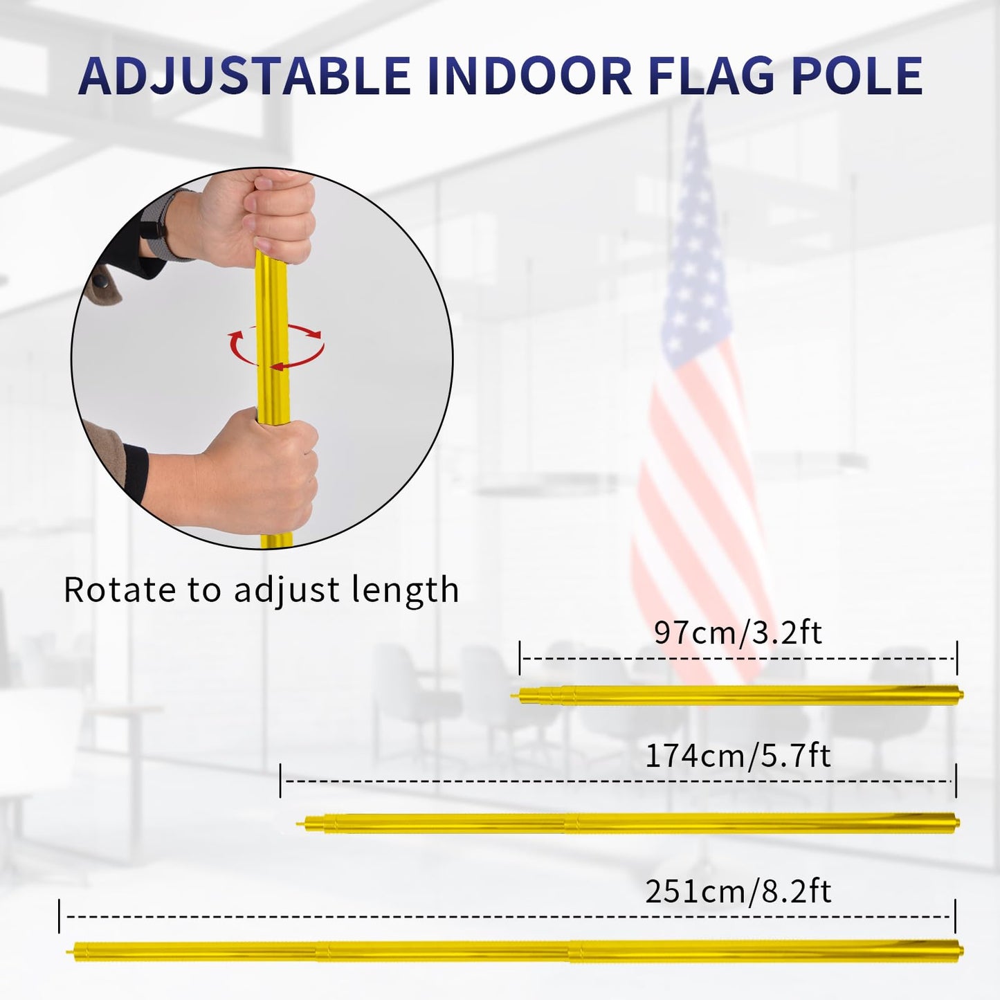 WJTQTBT Indoor Flag Pole Kit with Weighted & Thickened Base 6-8FT,Stainless Steel Commercial Indoor Flagpole for Office School City Hall,Heavy Duty Indoor Telescoping Flag Pole,Golden 1 Pack