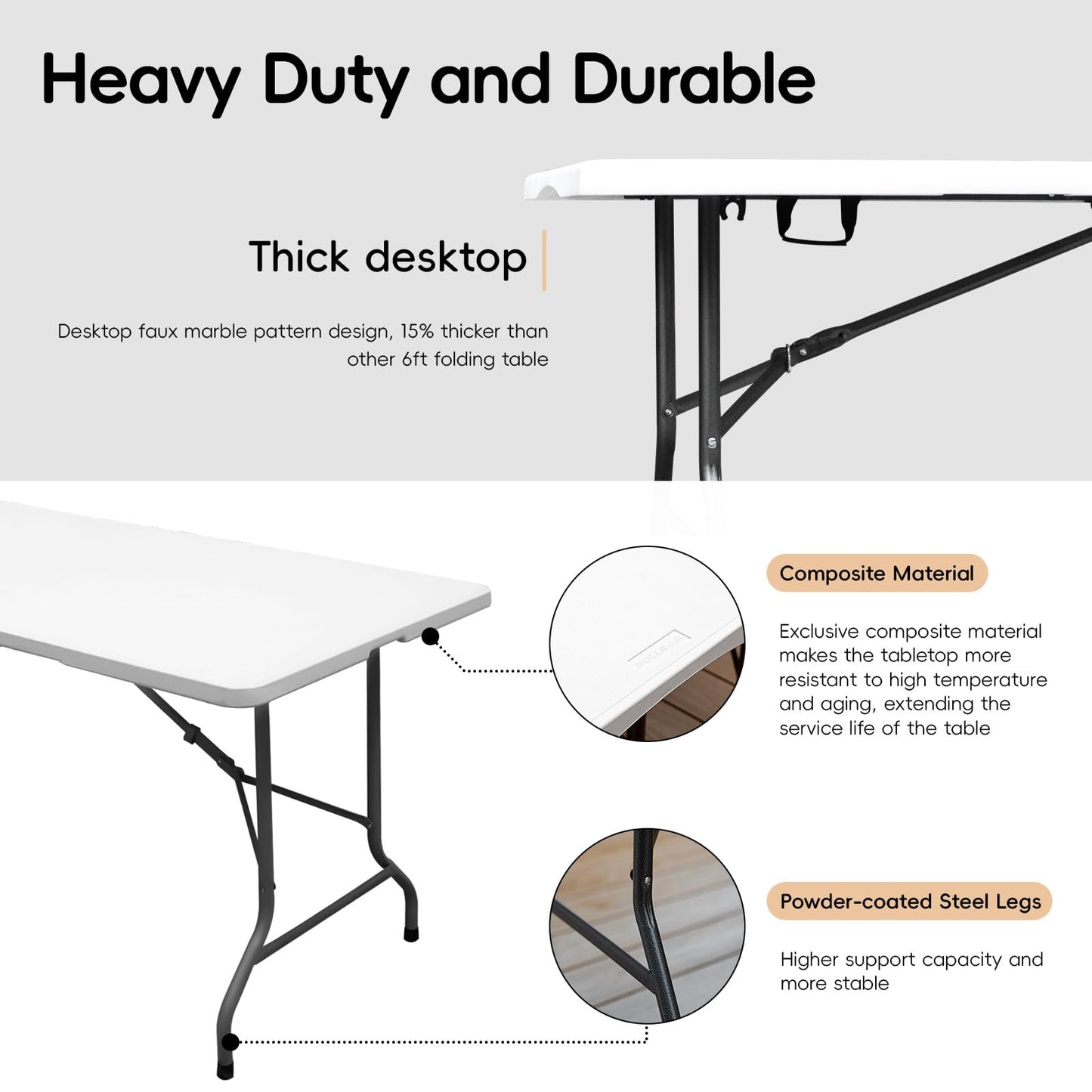 pollilar 6FT Folding Table Plastic 6 Foot Foldable Table HDPE Portable Banquet Surface Fold-in-Half Desk Utility for Working Meeting,Parties, Picnic, Camping, Weddings, Catering, Garden Dining-White