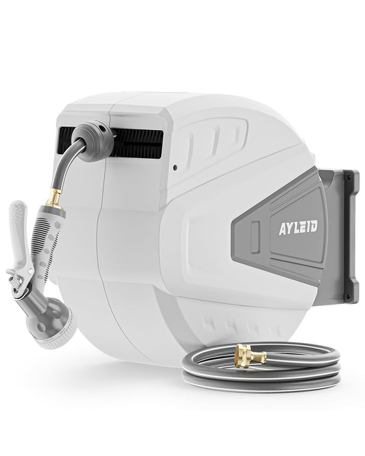 Ayleid Retractable Garden Hose Reel,1/2 in x 130 ft Wall Mounted Hose Reel, with 9- Function Sprayer Nozzle, Any Length Lock/Slow Return System/Wall Mounted/180°Swivel Bracket (Gray)