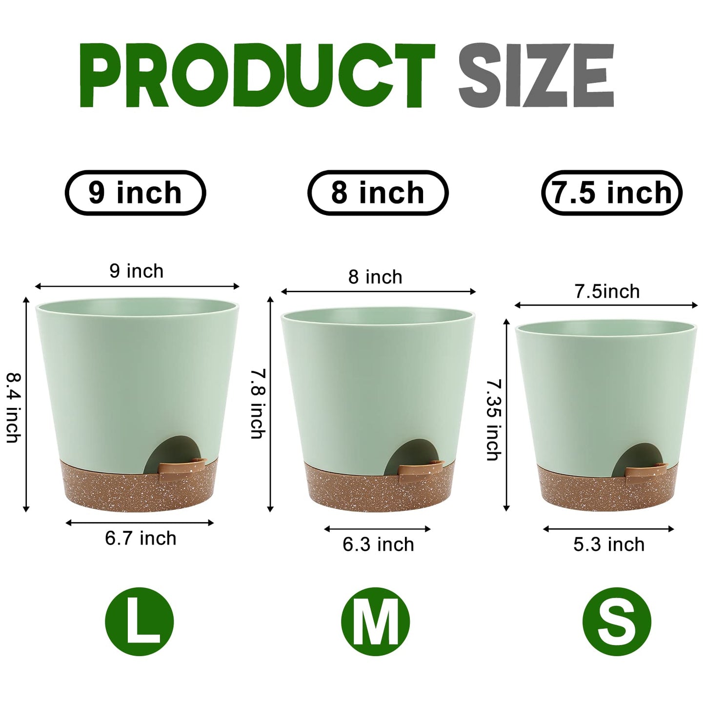 YNNICO Indoor Self Watering Planters with Drainage Holes and Saucers, 9,8, 7.5 Inches, Green, 3 Pots (Springgreen)
