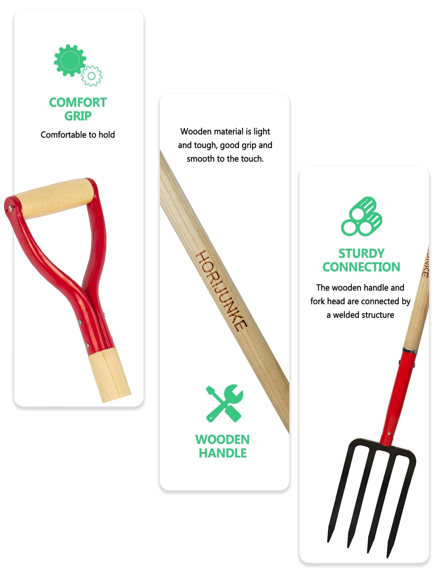 HORIJUNKE Heavy Duty Garden Fork for Digging, 4 Tines Pitch Fork for Gardening Compost, Garden Pitch Fork with Wooden Handle, 45 Inches-Red