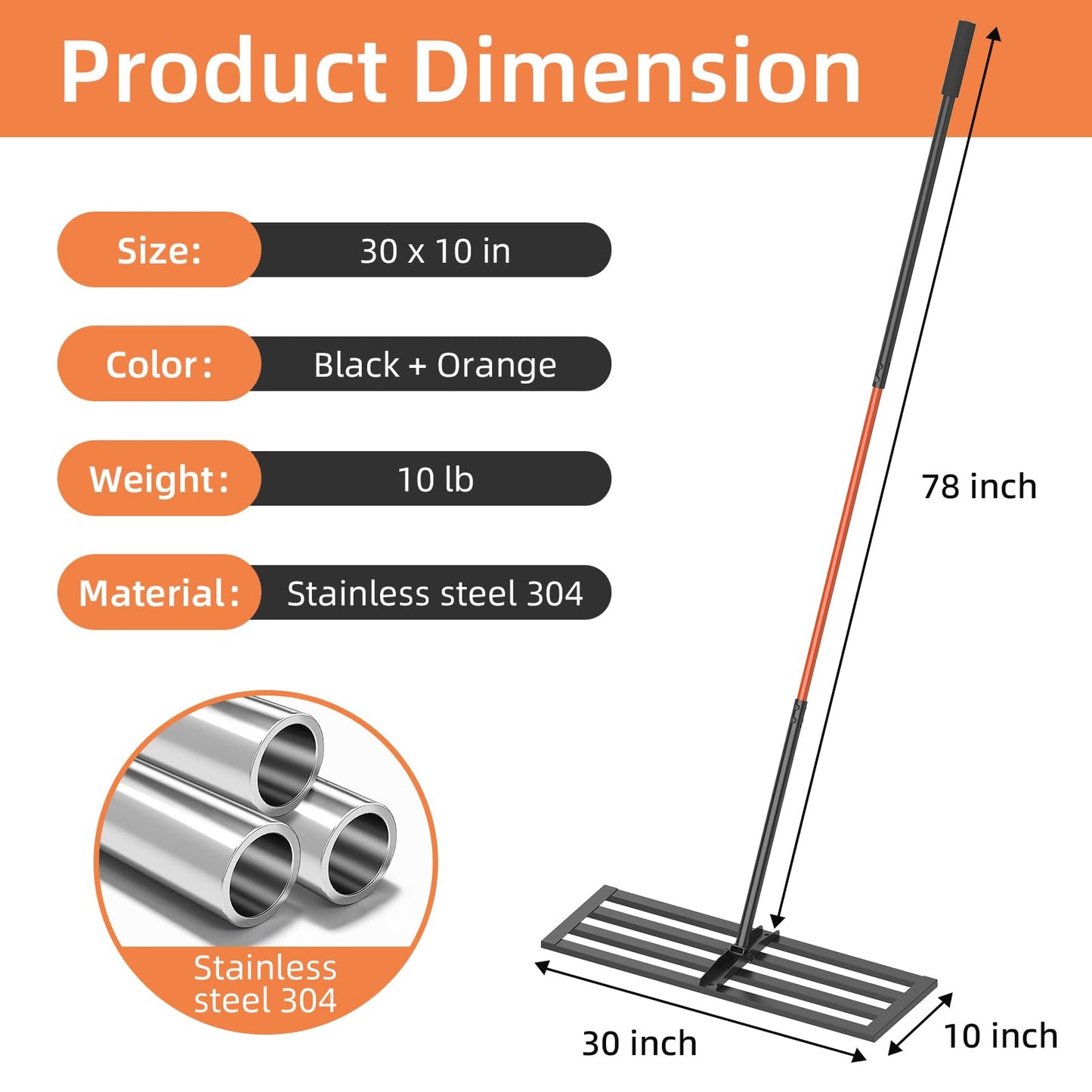 Lawn Leveling Rake 30"x10", Heavy-Duty Stainless Steel Yard Leveling Rake, Professional Soil Leveling Tool for Pastures, Golf Lawns, Gardens, Yards (Black)