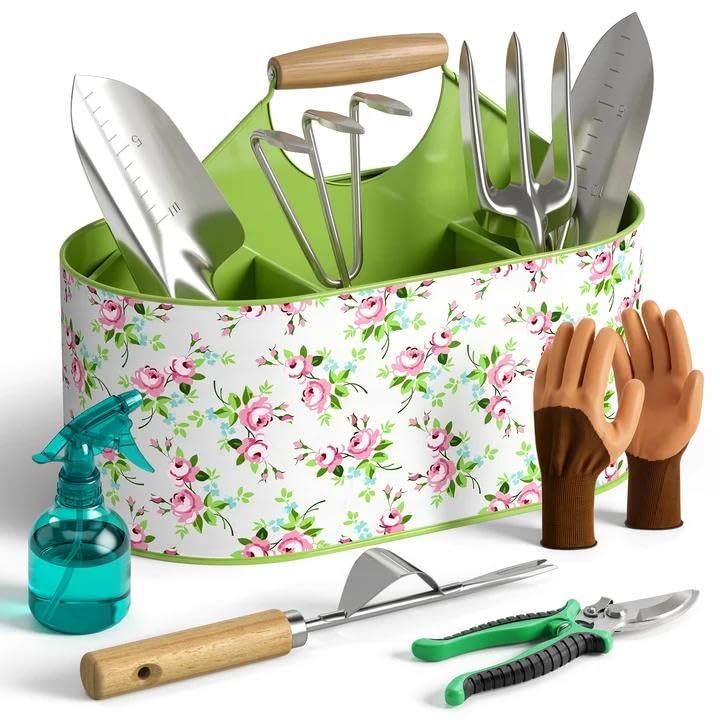 9-Piece Garden Tool Set, Heavy Duty Stainless Steel Rust-Proof Planting Kit with Ergonomic Wood Handles, Durable Metal Organizer Basket with 4 Compartments, Ideal Gardening Gift for Women, Mother