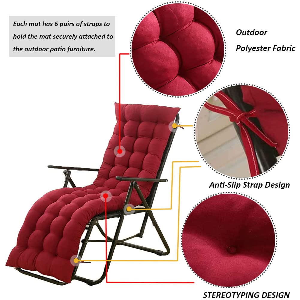 Sun Lounger Chair Cushions, Sundlight Patio Cushions Chaise Mattress Recliner Quilted Thick Padded Seat Cushion Reclining Chair Rocking with Ties (Red, 155x48x8cm/61x18.89x3.14inch)