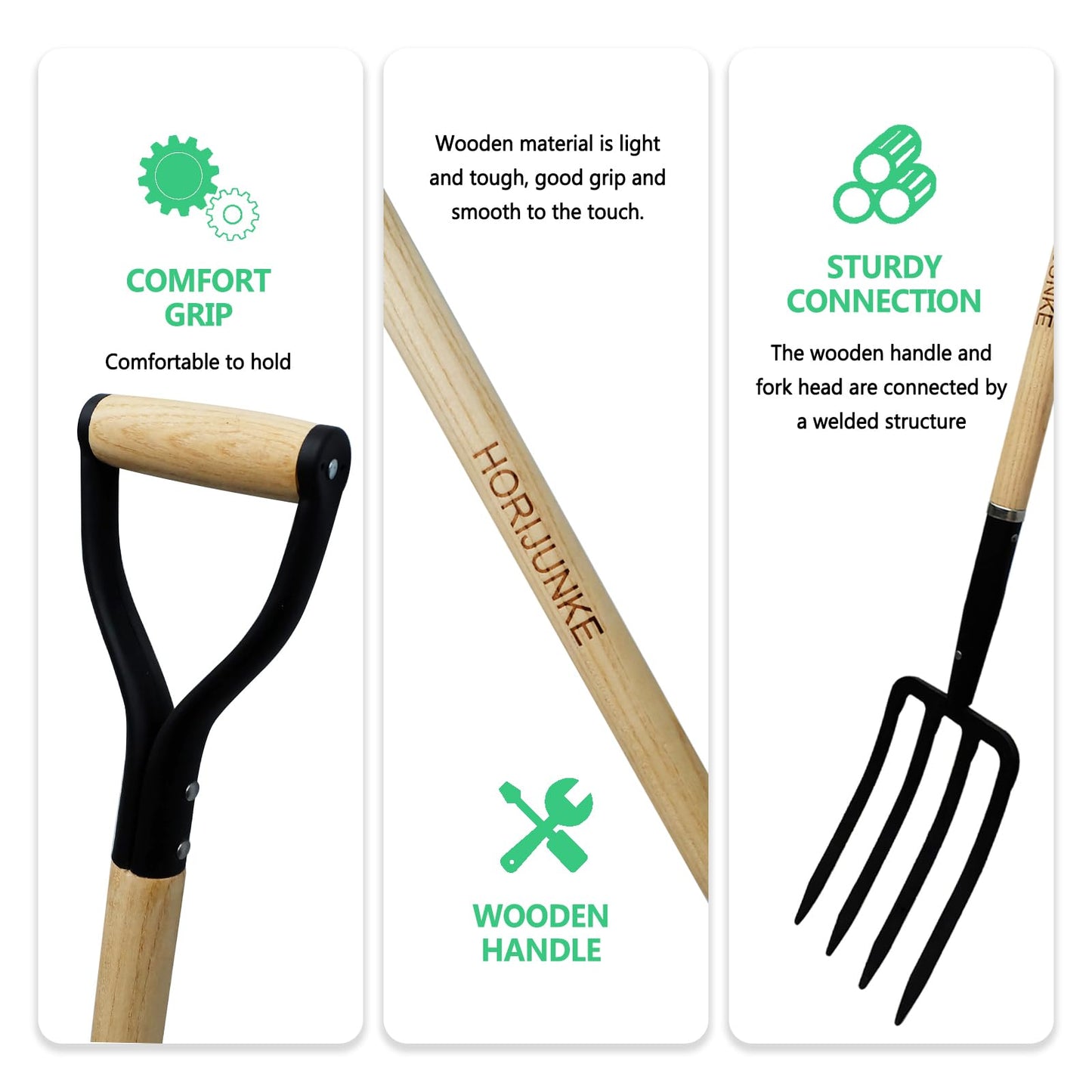 HORIJUNKE Garden Fork,4-Tine Pitchfork,Spading Digging Fork,Forged Steel Y-Grip, Wood Handle,45Inch