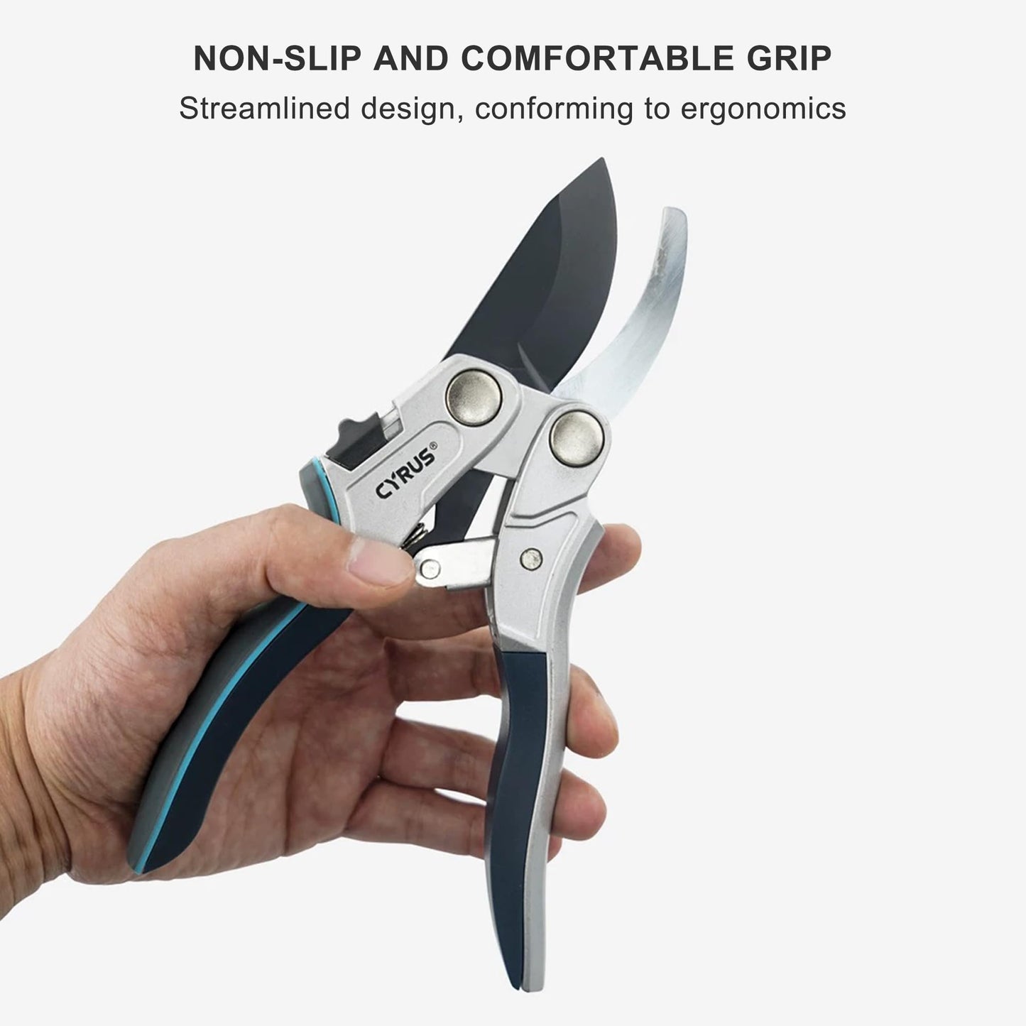 CYRUS Pruning Garden Shears with Ratchet labor-saving Lever, Carbon Steel Non-Stick Blade, Aluminum Handle & Safety Lock, Sharp Flower Scissors for Trimming Branches Up to 0.9 Inch