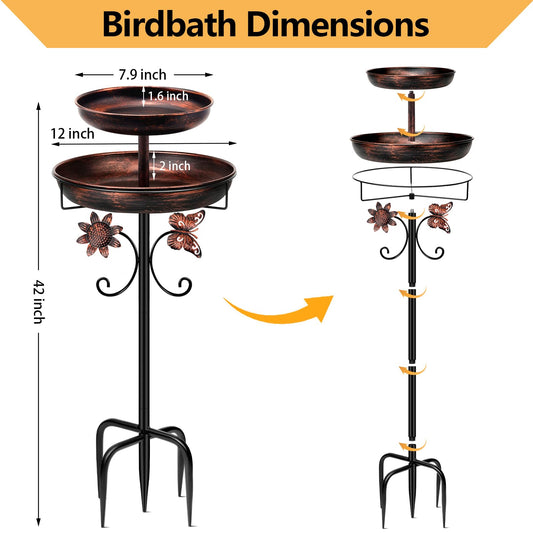 Daoeny Bird Bath for Outside, 42In Vintage Freestanding Birdbaths for Outdoors, Double Metal Bird Bath Feeder Bowls for Garden Patio Yard Lawn Decor, Upgraded 5-Pronged Base (Antique Bronze)
