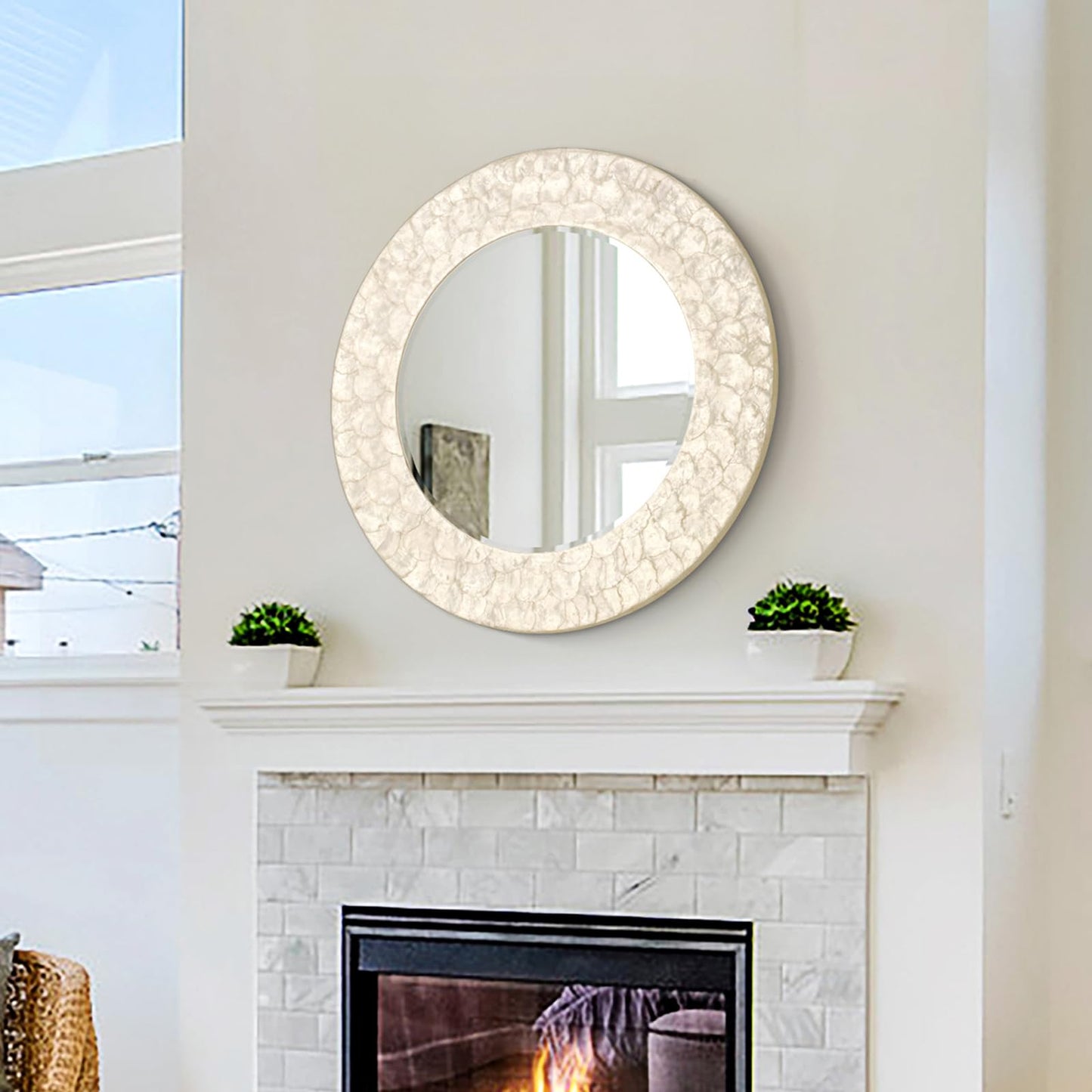 Autdot Capiz Shell Round Mirror, 30'' Coastal Mirror with Natural Capiz Seashell Frame, Decorative Circle Wall Mirrors for Living Room Mantel Bathroom Entryway