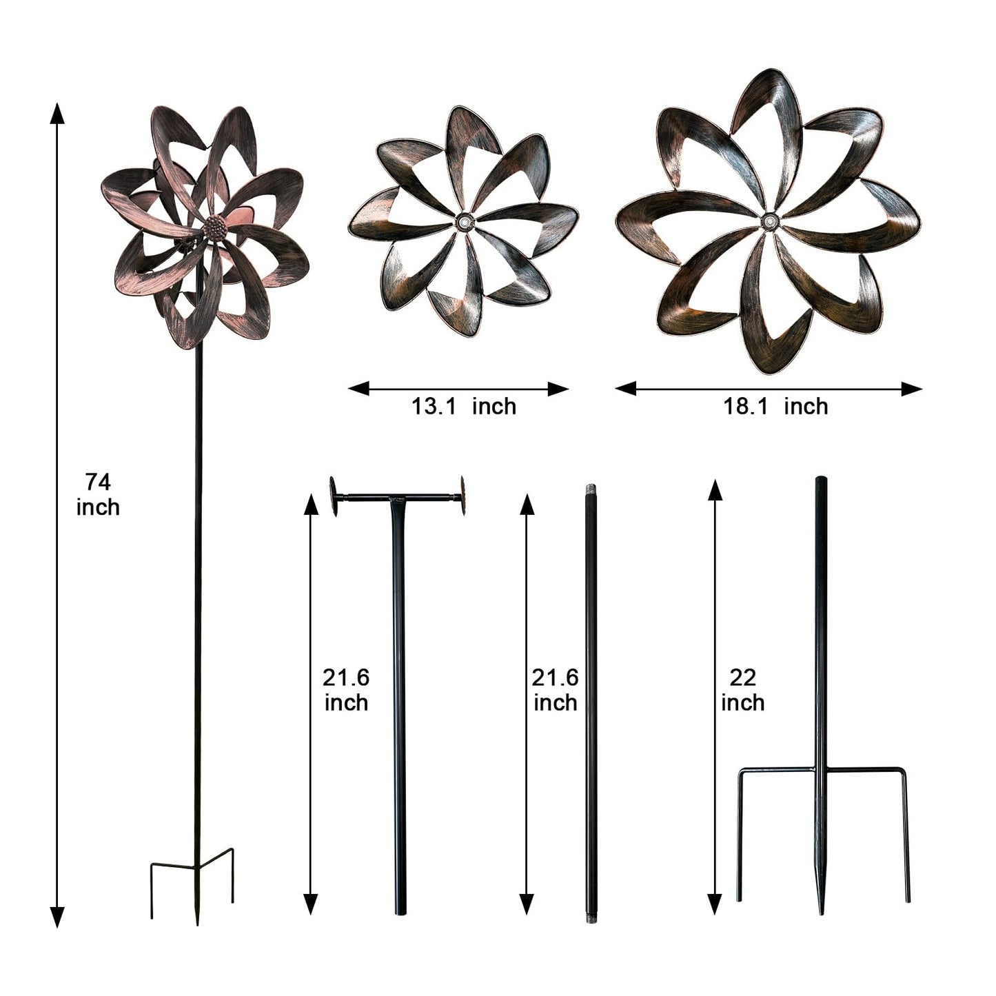 THESEATOP 74’’ Wind Spinner Outdoor for Yard and Garden, Double-Sided Large Metal Kinetic Wind Spinner with Classical Design, Stable 3-Prong Stake, Yard Art Decor for Patio Lawn (Bronze)