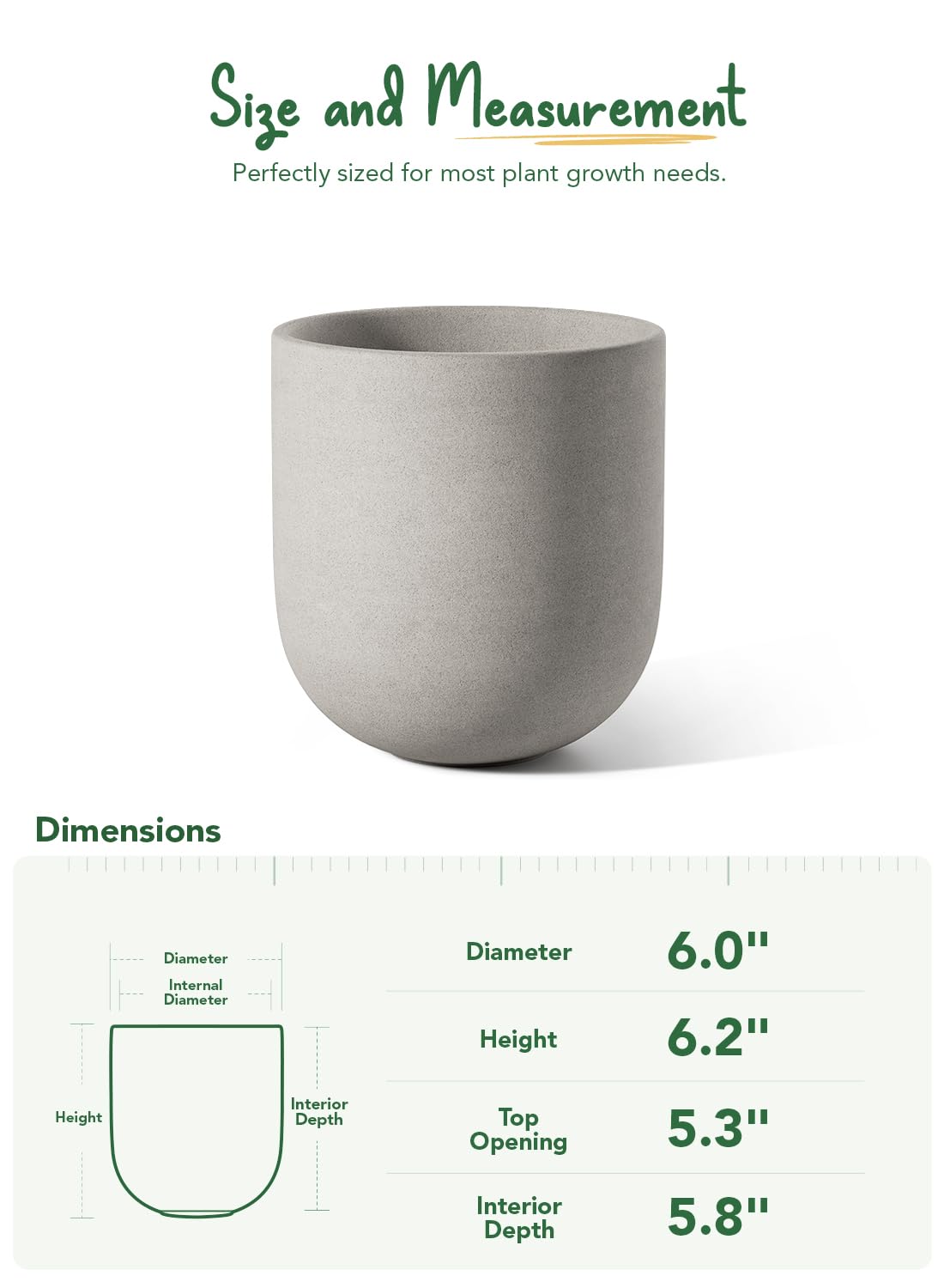 LE TAUCI 6 Inch Plant Pot, Ceramic Pot with Drainage Hole & Rubber Plug, Indoor Planter for Herbs & Small Houseplants, Cylinder Planter for Home Office, Neutral Gray