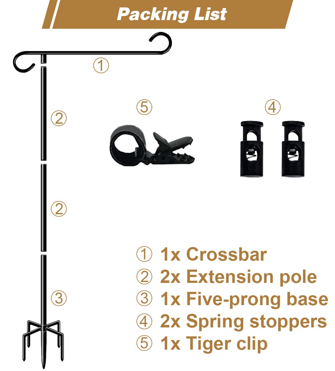 Whoonba 51 Inch Tall Garden Flag Stand Holder with 5 Prong base, Yard Flag Pole Holder for 12x18 Outdoor Small Flag Decor with Two Spring Stoppers and a Tiger clip, 1 Pack