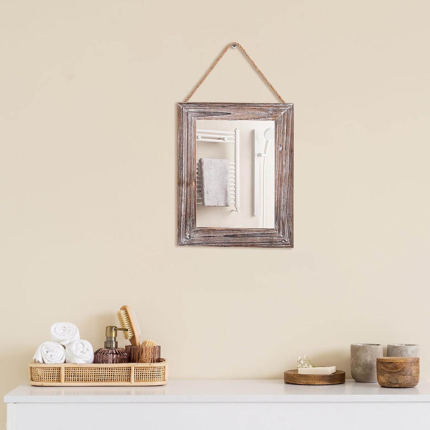 CFDYMTJ Wall Decorative Mirror 12 x 16 Inch Rust Farmhouse Rectangular Mirrors Wood Frame Mirror with Hanging Hemp Rope for Bedroom, Bathroom, Living Room, Entryway