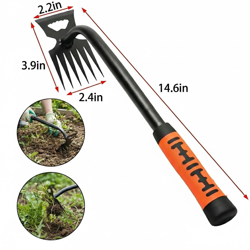 2 Pack Weeding Tools, 6-Tooth Manganese Steel Manual Weeder & Digging Tool with Ergonomic Rubber Grip, Multi-Functional Gardening Hand Tools for Removing Dandelions, Thistles & Yard Weeds