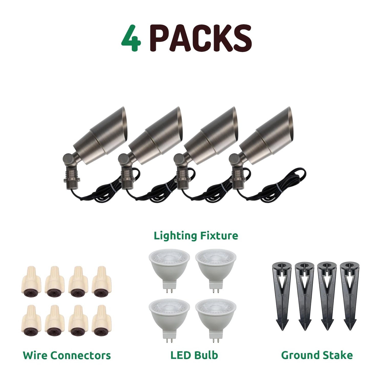 DOSHINE® Solid Brass Landscape LED Spotlights Outdoor Low Voltage Landscape Lighting AC/DC 12V Uplight Accent Light for Tree Garden Yard with Replaceable 5W 3000K Warm White 560LM MR16 Bulb (4-Pack)