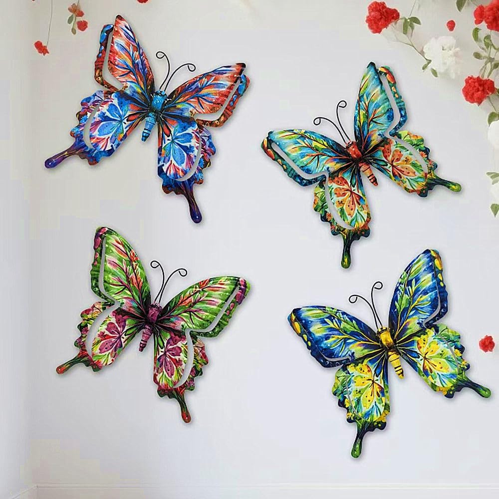 4Pcs Butterfly Metal Wall Decor,6.7"x6.5" Outdoor Hanging Wall Art Sculptures Decoration for Living Room Fence Garden Yard Patio Balcony Office