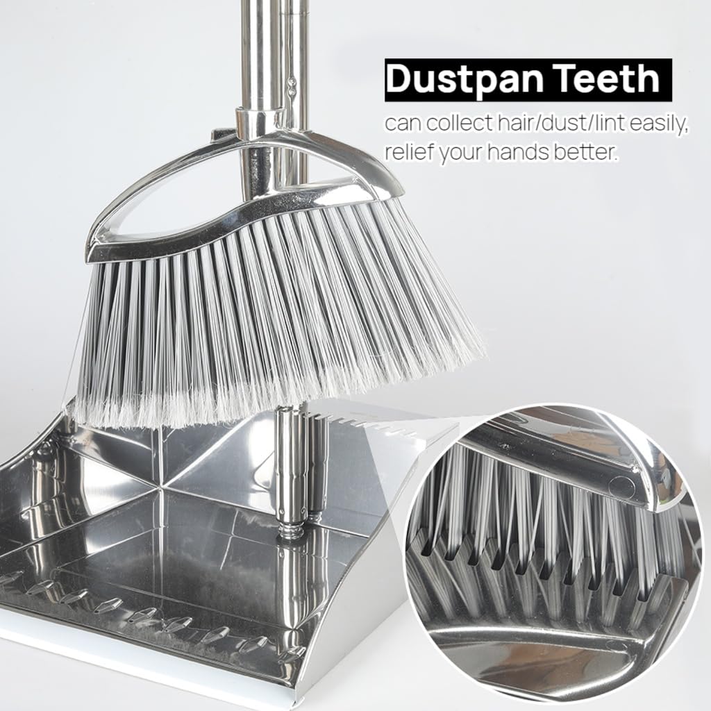 GLOYY Outdoor Broom and Dustpan Comb Set,Heavy Duty Stainless Steel Metal Dust Pan with Long Handle Commercial Stiff Bristles Broom for Home Garage Garden Patio