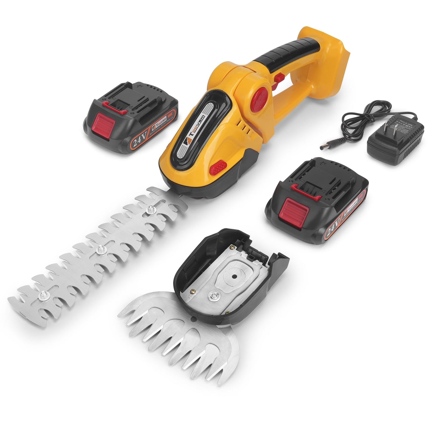 Hedge Trimmer Cordless, TOOVEM 2 in 1 Handheld Cordless Grass Shear with 2 Pcs Rechargeable Batterys and Charger, 24V Electric Weed Grass Cutter Shrubbery Trimmer for Garden, Lawn (Yellow)
