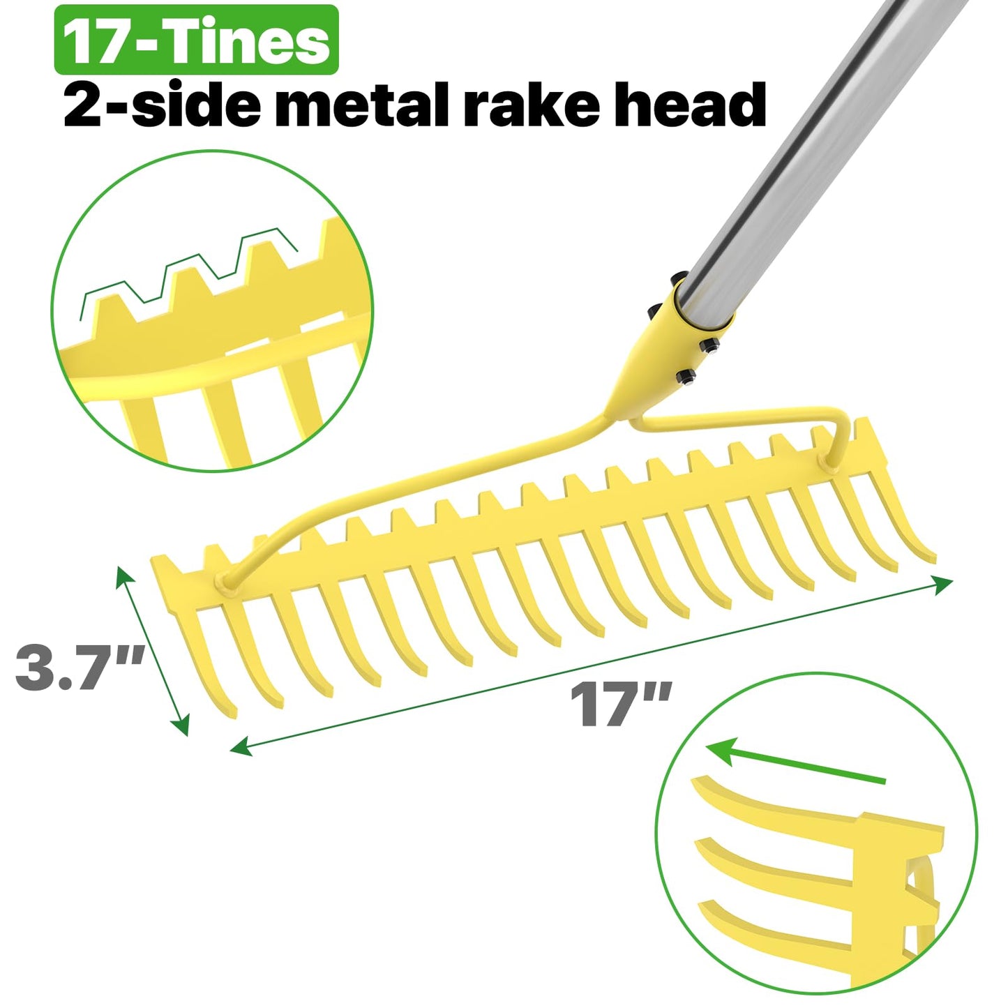 Garden Rakes for Lawns Heavy Duty, 6 FT Bow Rake for Leaves, 17-Tines Metal Rake with Stainless Steel Handle for Yard Leveling, Landscape, Loosening Soil, Yellow